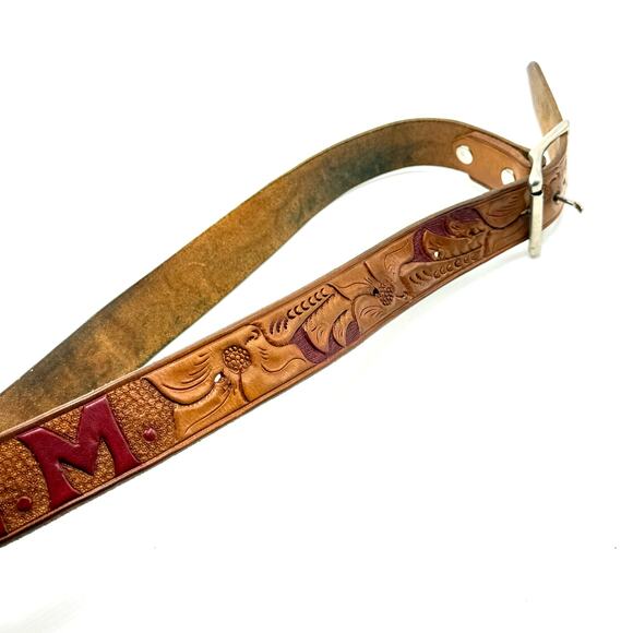 Vintage Western Cowboy Belt 30 Brown Tooled Leather Name Eugene M Hand Painted - Picture 7 of 10